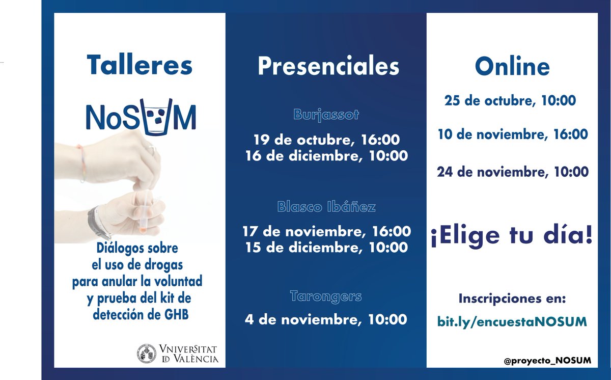 Polibienestar's tweet photo. 🔴Nuevos talleres  sobre sumisión química dirigidos al alumnado universitario.

🗣 Diálogos sobre el uso de drogas para anular la voluntad

🧪 Prueba el kit de detección de GHB

➡️ Se reparte un lote de kit a cada asistentes

👉🏻Elige tu día y apúntate en https://t.co/rRaxizrM8d https://t.co/ssbDdHfTe0
