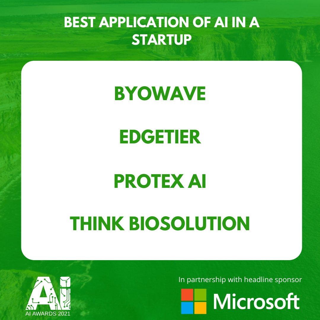 AI Ireland (@aiawardsirl) on Twitter photo A big congratulations to our finalists in this year's category for Best Application of AI in a Startup for the 2021 AI Awards.
The final nominees are:
<a href="/ByoWave/">ByoWave @GDC</a>
<a href="/TeamEdgetier/">EdgeTier</a>
<a href="/ProtexAI/">Protex AI</a>
<a href="/thinkbiosoln/">Think Biosolution</a>
#aiawardsirl #aiireland A big congratulations to our finalists in this year's category for Best Application of AI in a Startup for the 2021 AI Awards.
The final nominees are:
<a href="/ByoWave/">ByoWave @GDC</a>
<a href="/TeamEdgetier/">EdgeTier</a>
<a href="/ProtexAI/">Protex AI</a>
<a href="/thinkbiosoln/">Think Biosolution</a>
#aiawardsirl #aiireland