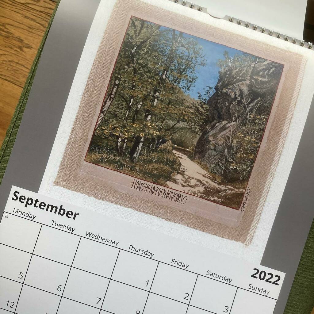 Folk art Calendar 2022
September is Lion Head’s Rock in #Dovedale.  The calendars are £20 each or £38 for two inc P&amp;p from ift.tt/38oBd0o
Also available at @haddonhall popup shop 18-24 Oct and @cromfordgallery for November 🥳
.
.
.
#calendar2022 #folkart #peakdistri…