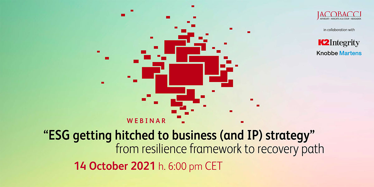 Jacobacci_Law's tweet photo. In case you didn't manage to attend to our latest webinar, "ESG getting hitched to business (and IP) strategy – from resilience framework to recovery path, please see the registration of the event on our website
https://t.co/MClNlj2plq
#ESG #webinar #IP #intellectualproperty https://t.co/V5voBnrewg