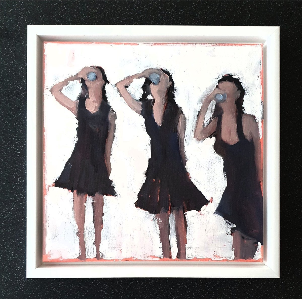 Salut! Oil on canvas, 30x30cm,  £250 framed and delivered, link in bio #buyart #art #artforsale #salut #blackdress #party #girlsNightOut