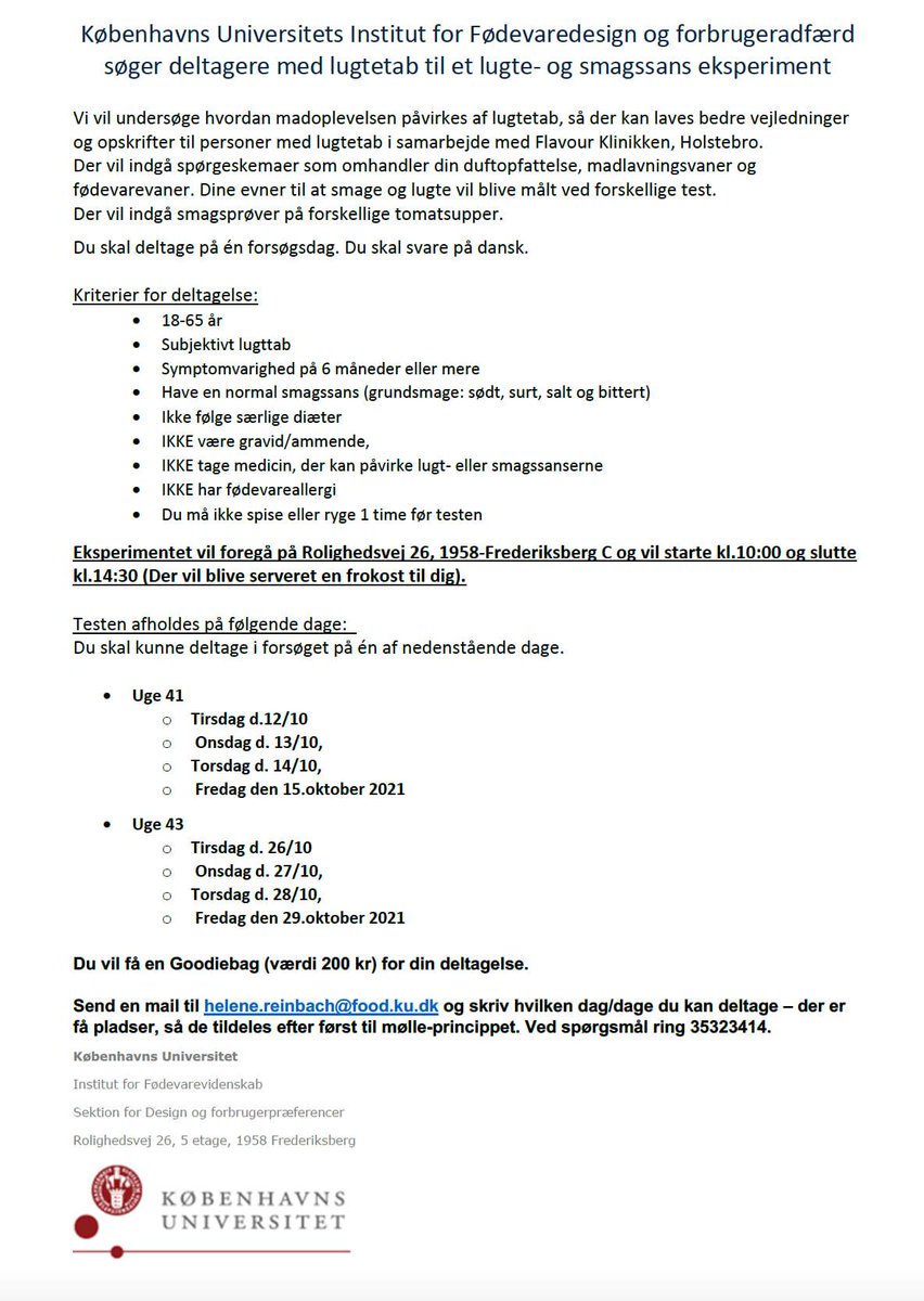 Forsøgsdeltagere med lugtetab søges fortsat i København i uge 43.
I forbindelse med vores kokkeskoleprojekt for patienter med lugtetab laver vi i samarbejde med KU en undersøgelse af hvilke smagsforstærkere der forbedrer madoplevelsen. Kontakt Helene på Helene.reinbach@food.ku.dk