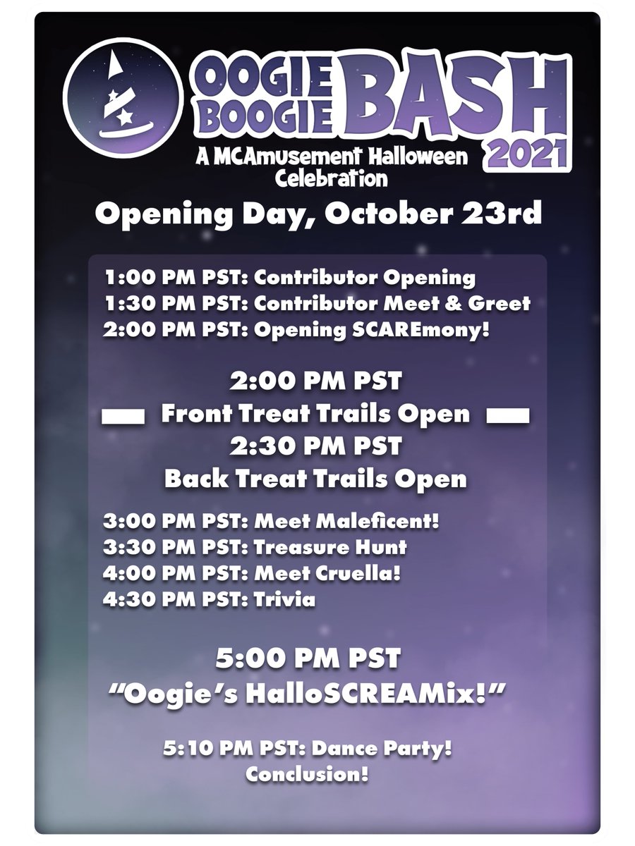 In preparation of Oogie Boogie Bash’s opening day on October 23, take your first look at the schedule! 📅💜

Contributors start as early as 1:00p.m. PST while all guest can experience this spook-tacular event @ 2:00p.m. PST.