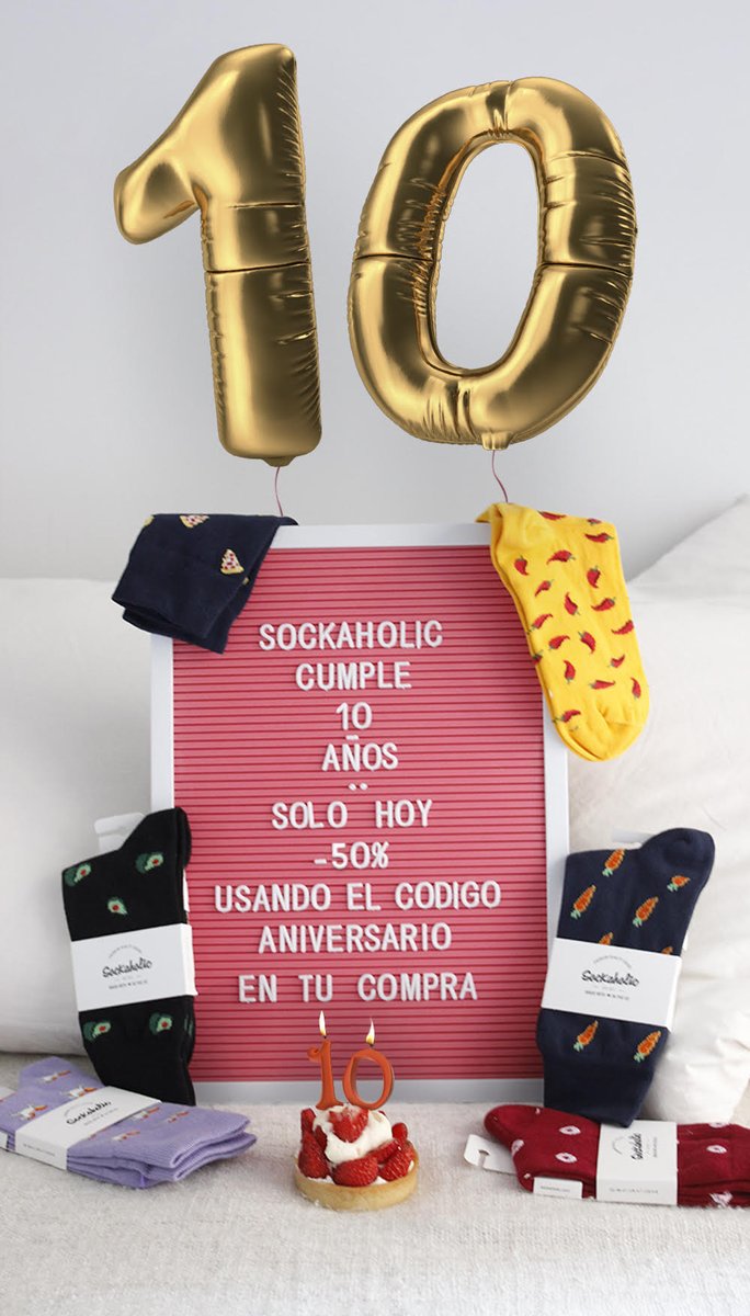 Sockaholic_com's tweet photo. ¡Cumplimos 10 años con el mayor de nuestros descuentos! Sólo hoy, 50% de descuento usando el código ANIVERSARIO en tu compra. No lo dejes pasar 🎈🎈🎈

https://t.co/H8VLyfqWdx https://t.co/7WAqTrl6mx