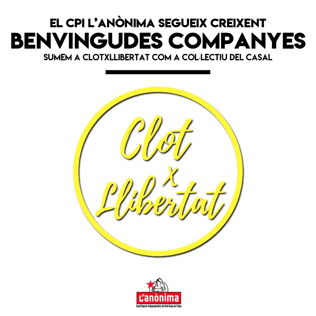 ACTUALITAT DEL CASAL | Sumem a <a href="/ClotxLlibertat/">ClotxLlibertat🎗</a> com a col·lectiu del Casal! 🎉

Seguim creixent, seguim fent barri i fent país. <a href="/ClotxLlibertat/">ClotxLlibertat🎗</a> se suma a uns altres 6 col·lectius que fan de l’Anònima casa seva i espai per començar totes les lluites. 1/2
