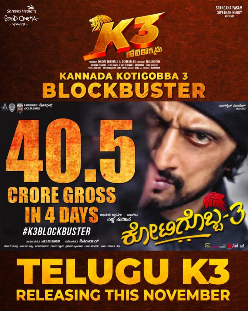 EndorseSudepism's tweet photo. Box office baadshah 💥
#K3Blockbuster 4️⃣0️⃣.5️⃣CR Gross in 4 Days.
#BlockbusterKotigobba3 #Kotigobba3 @KicchaSudeep https://t.co/p63xALh6Lc