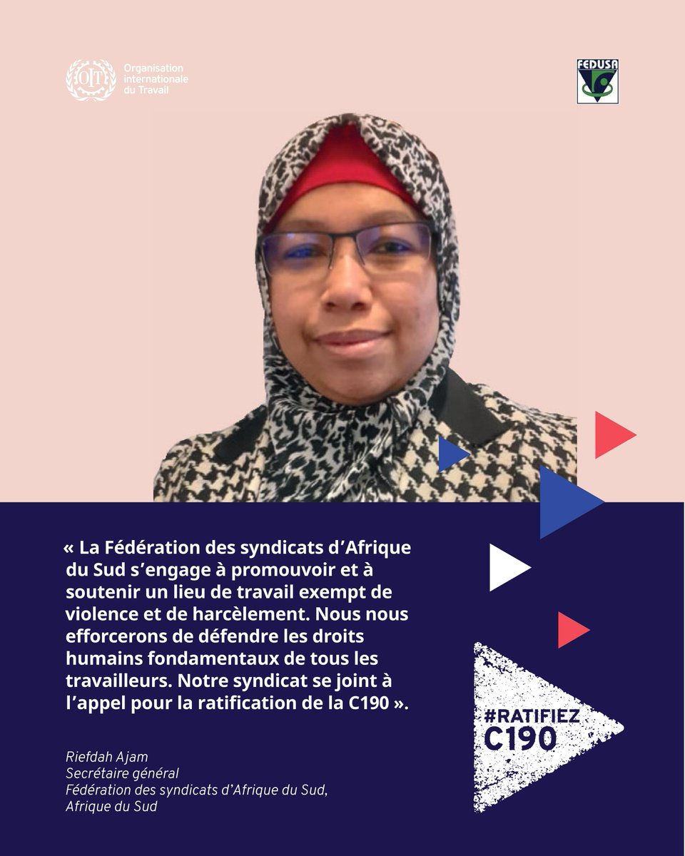 C190Can's tweet photo. Riefdah Ajam - General Secretary 
FEDUSA: The Federation of Unions of South Africa
@FEDUSAMedia 
with @ilo_pretoria 
#RatifiezC190
#c190can
#C190
#RatifyC190
#ProtectOurWomen
#ProtectYourFamily
#UnionStrong https://t.co/NO82QZkesE