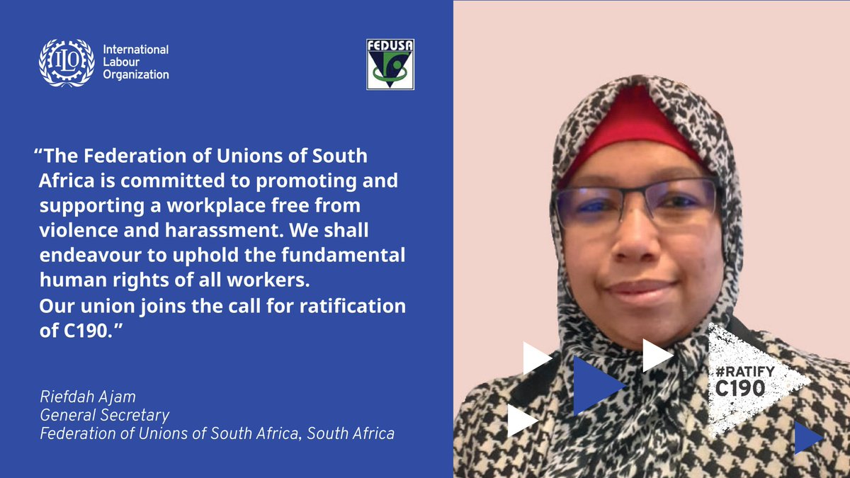 C190Can's tweet photo. Riefdah Ajam - General Secretary  
FEDUSA: The Federation of Unions of South Africa
@FEDUSAMedia 
#c190can
#C190
#RatifyC190
#ProtectOurWomen
#ProtectYourFamily
#UnionStrong https://t.co/PHgnD33vbL