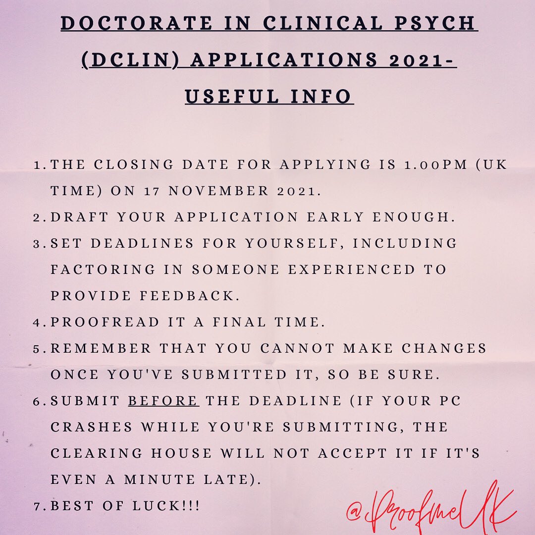ProofMeUK's tweet photo. Future Clinical Psychologists!✨✨☺️ The final deadline is fast approaching - it’s in just over four weeks! If you’re still considering applying I suggest just going for it; it will be really useful experience. Good luck!!
#dclinpsy #dclinpsych #dclinapplications #proofreader https://t.co/GoGcz5M9mc