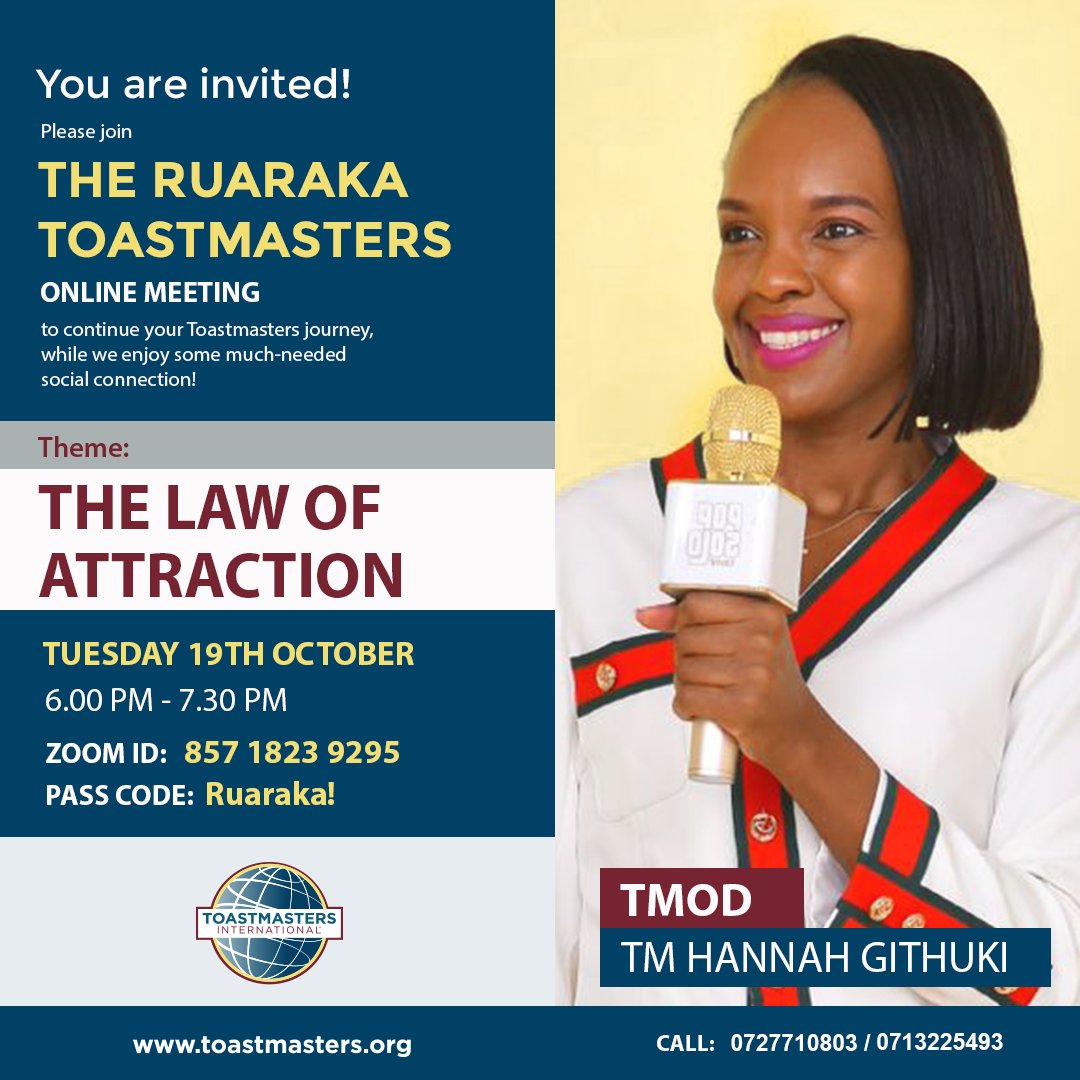 Another week, another invigorating Ruaraka toastmasters meeting. 
Our theme: #lawofattraction. Led by our president <a href="/HannahMuchuki/">Hannah G</a>  
Join us and connect with others who are building their public speaking, #communication, and leadership skills. #Toastmasters
