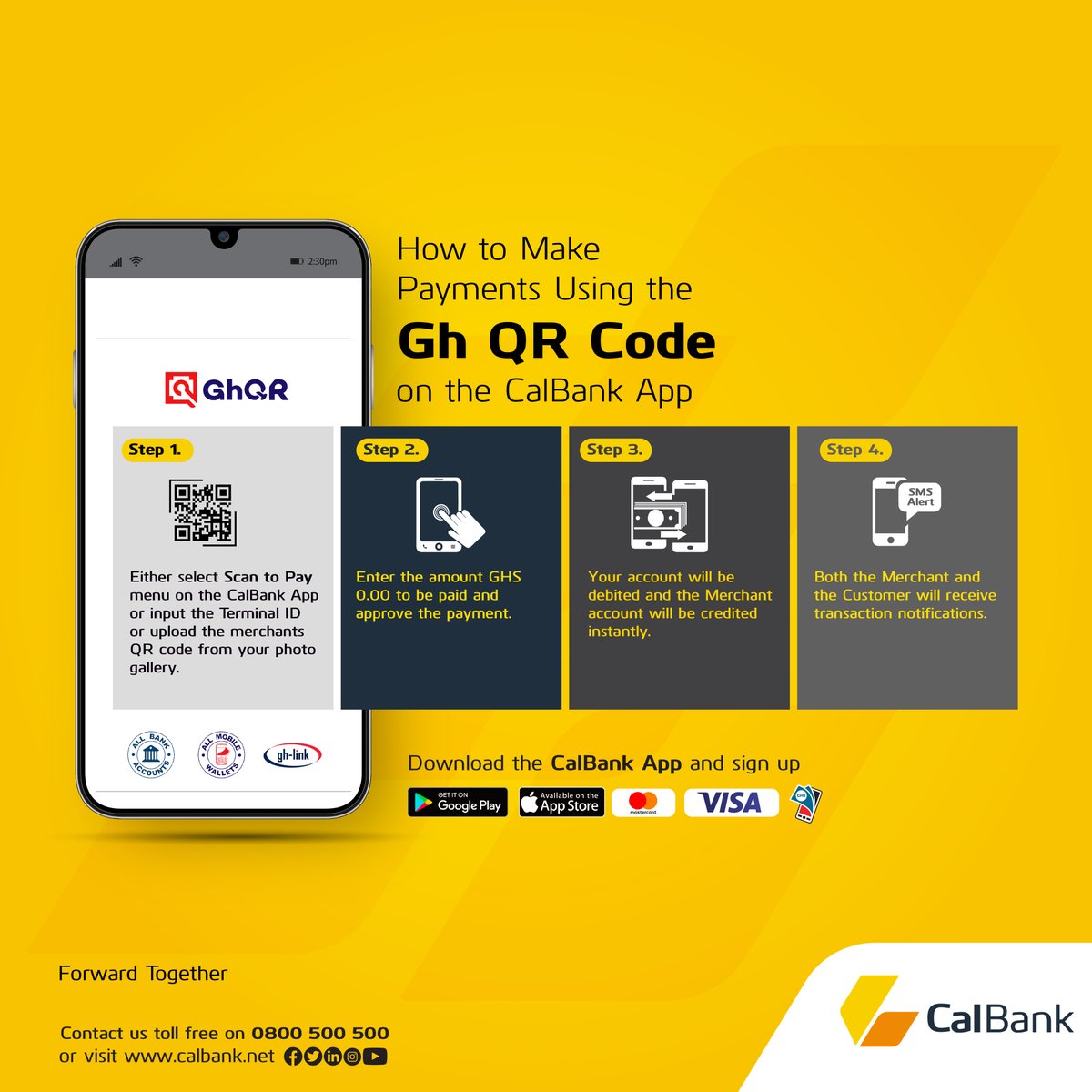 CalBankPLC's tweet photo. Have you switched to contactless payments yet? Go on, try the GH QR option on the CalBank App. Follow the steps and enjoy easy, contactless &amp; secure ways to make payments. #CalBankApp #GHQR #ForwardTogether #ScanToPay https://t.co/rI75MKVxS6