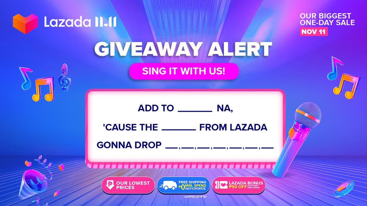 LazadaPH's tweet photo. 🤩 GIVEAWAY ALERT! 🤩 LSS aka Lazada Song Syndrome na naman po tayong lahat, opo! 🎶🎤 Sing the #Lazada1111BiggestOneDaySale jingle with us to be 1 of 5 winners of a ₱500 Lazada voucher. 💙

1. Follow us
2. Reply with the lyrics!

#Lazada1111 #LazadaPH1111 #LazadaPH https://t.co/s3dRzNrF7r