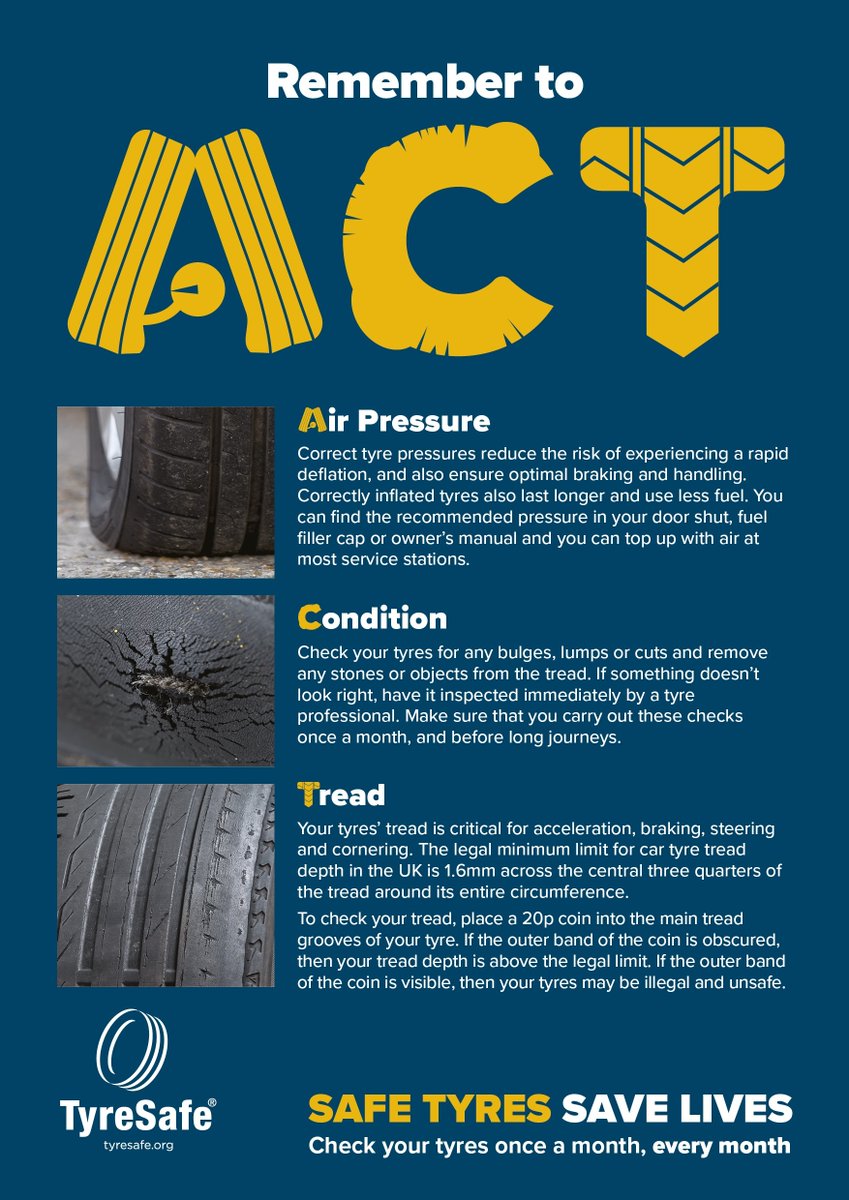 HumberRoads's tweet photo. October is #TyreSafe month, so just take a moment today and give your tyres a quick check over. Follow the link on what to do and remember to ACT https://t.co/aKsePe36cD https://t.co/WgHkWyDTGm