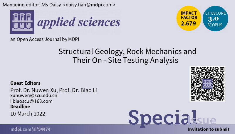 Applsci's tweet photo. #SpecialIssue
https://t.co/Sswx14c7oz
DD: 10 March 2022
Guest Editors: Prof. Dr. Nuwen Xu and Prof. Dr. Biao Li
#rockmechanics #deeprockmechanics #physicalexperiments #numericalsimulation #insitumonitoring #deeplearning #bigdata #cloudcomputing #mdpiapplsci #openaccess https://t.co/JkMk2kM4da