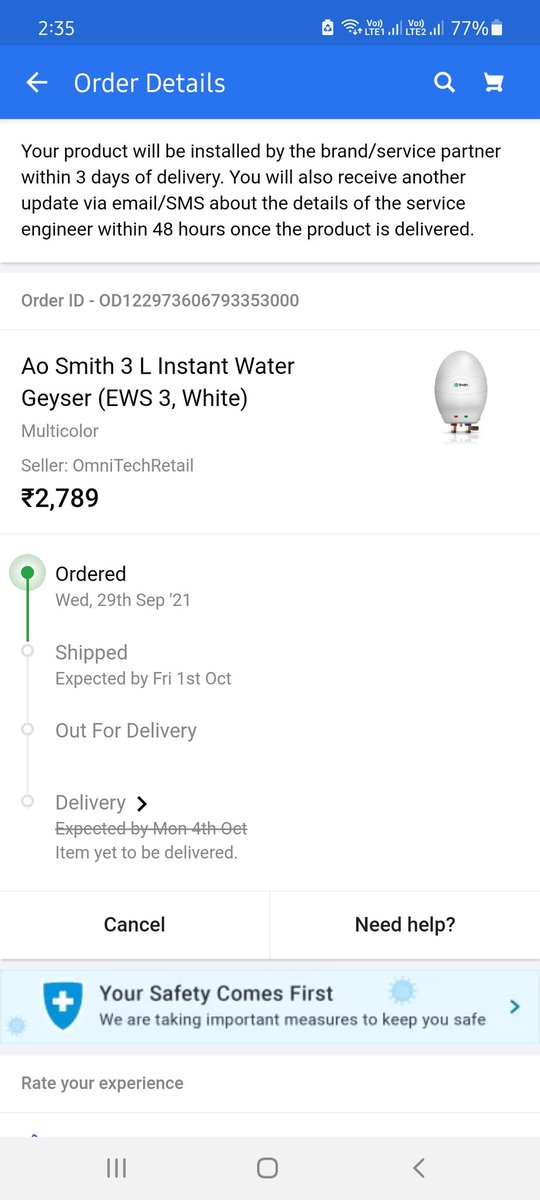 nikhil_singh87's tweet photo. What a outstanding shopping experience by #flipkartsupport on big billion day. Ordered geysers on 29th Sept 2021 which are not cancelling at all when I try to cancel and support team says it's a error.we are looking into it. #ConsumerRights @consumerforum_  please take action https://t.co/H23oCXuEba