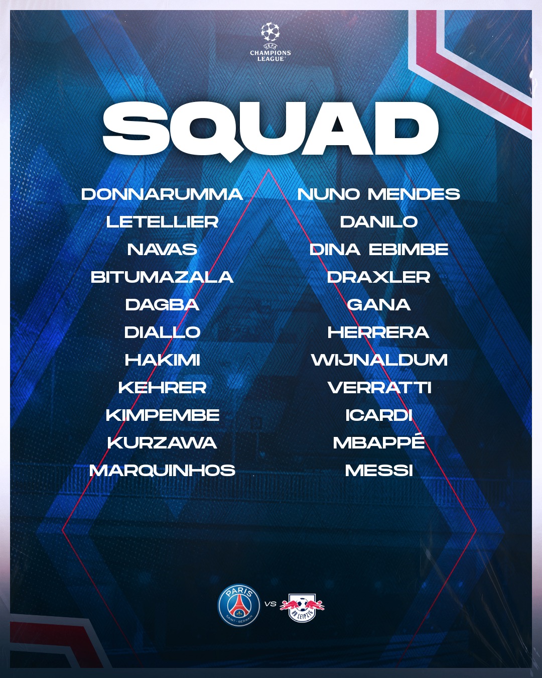 Paris SaintGermain on Twitter "🆗📋 The Parisian squad 🆚 RBLeipzig_EN