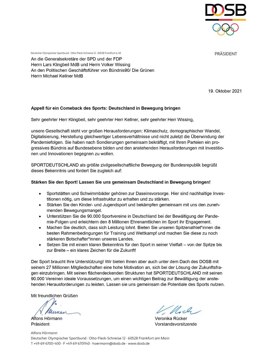Gemeinsam Deutschland in Bewegung bringen! Zum Start der #Koalitionsverhandlungen fordern wir in einem Offenen Brief an <a href="/spdde/">SPD Parteivorstand 🇪🇺</a>, <a href="/Die_Gruenen/">BÜNDNIS 90/DIE GRÜNEN</a> und <a href="/fdp/">FDP</a> eine Stärkung des Sports: Investitionen in Sportstätten, Aktionsplan gegen Bewegungsmangel, Entlastung des Ehrenamts uvm. 👇