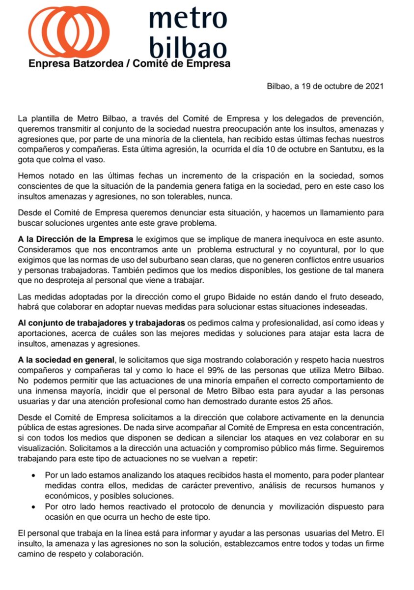 LABmetrobilbao's tweet photo. Enpresa Batzordearen elkarretaratzea azken erasoak salatzeko.

Concentración de denuncia del Comité de Empresa ante las últimos agresiones.

#STOPirainak
#STOPerasoak https://t.co/807Yb6Peht