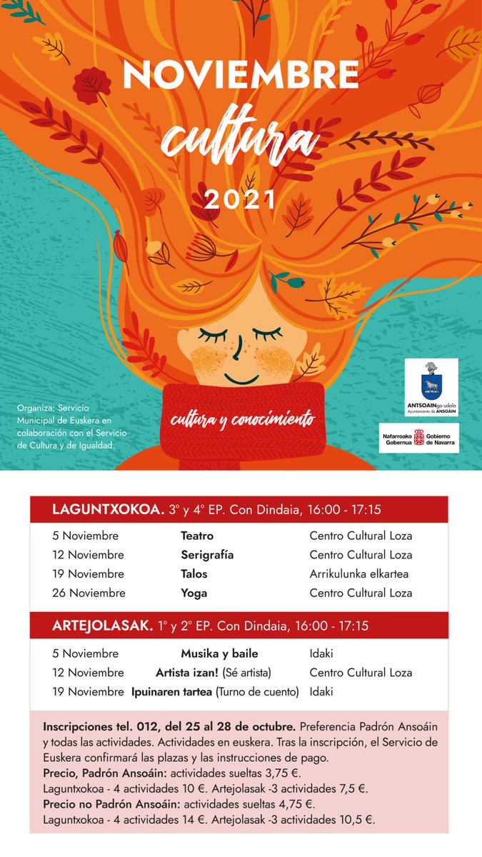 🍂🧒Astelehenean irekiko da #Artejolasak (LH 1-2 mailetarako), eta #Laguntxokoa (LH 3-4 mailetarako) ekintzetan izena emateko epea, urriaren 28ra arte.

Lehentasuna, Antsoainen erroldautakoek, eta jarduera guztiak hartzen dituztenek izango dute.

📝Izen-ematea: 012 telefonoan