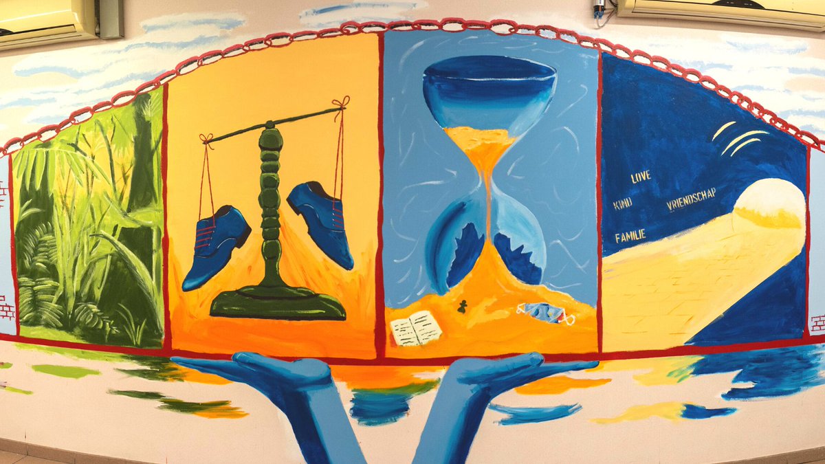 FOD_Justitie's tweet photo. Een #kunstwerk in de #gevangenis van #Mechelen? Dat is het resultaat van het project waarbij een zestal #gedetineerden samenkwamen met graffitikunstenaar Jonas Tuch. Het werk werd geplaatst op de muren van de bezoekzaal, waar de binnen- en buitenwereld elkaar ontmoeten. https://t.co/fVX8aQh4pZ