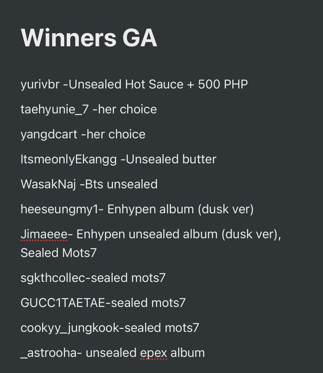 Solace_mnlPH's tweet photo. #SolaceUD
This is all the winners in giveaway if hindi po nasama padm nalang~

Update
All album except enhypen album and Bts sealed mots are in box 3
Enhypen album- batch 4
Bts sealed mots7 still in supplier (I will update you in gdm if may update na) https://t.co/yHPS7tRGPp