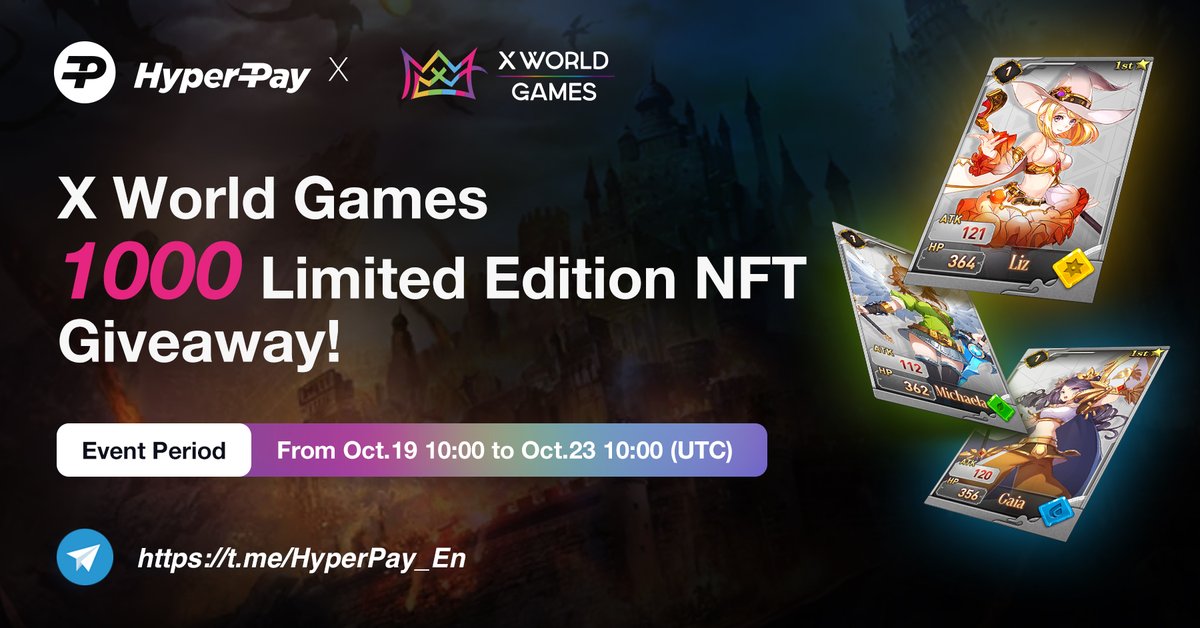 🎉🎉HyperPay &amp; X World Games Airdrop!

1. Follow Twitter: <a href="/Hyperpay_tech/">HyperPay</a>，<a href="/xwg_games/">X World Games</a>，<a href="/yayaa_nancy/">Nancy X.</a>
2. Join Telegram:（t.me/HyperPay_En）、（t.me/xworldgames）
3. Submit your progress: wvwv19jm3qu6xx0q.mikecrm.com/fIo448T
Download HyperPay: hyperpay.tech/app_down