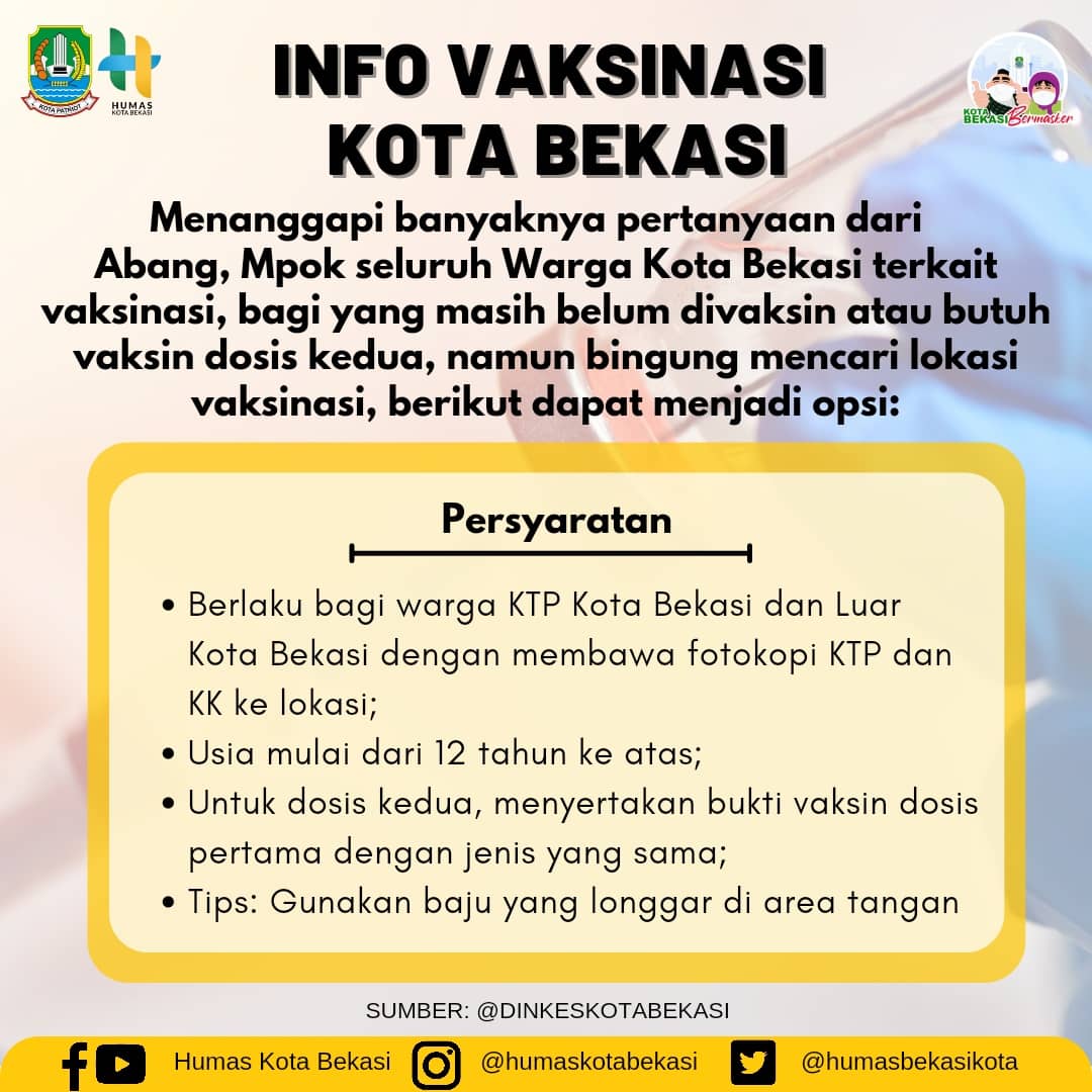 Pemerintah Kota Bekasi menyediakan Sentra Vaksinasi di Stadion Patriot Candrabhaga (Gate 10) yang buka Senin s.d Juma't (08.00 s.d 15.00) serta Sabtu dan Minggu (08.00 s.d 12.00) untuk memfasilitasi Abang, Mpok baik dosis 1 dan dosis 2 jenis vaksin Sinovac dan Astra Zeneca.