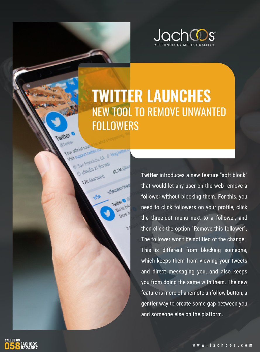JachOOsltd's tweet image. Twitter introduces a new feature "soft block" that would let any user on the web remove a follower without blocking them. 
🔗 Visit: jachoos.com
📞 Talk to us: +971-58-5224667 or ☎ +971-43-468939
#Twitter #newfeatures #softblock #itsupport #itservices #websitedesign