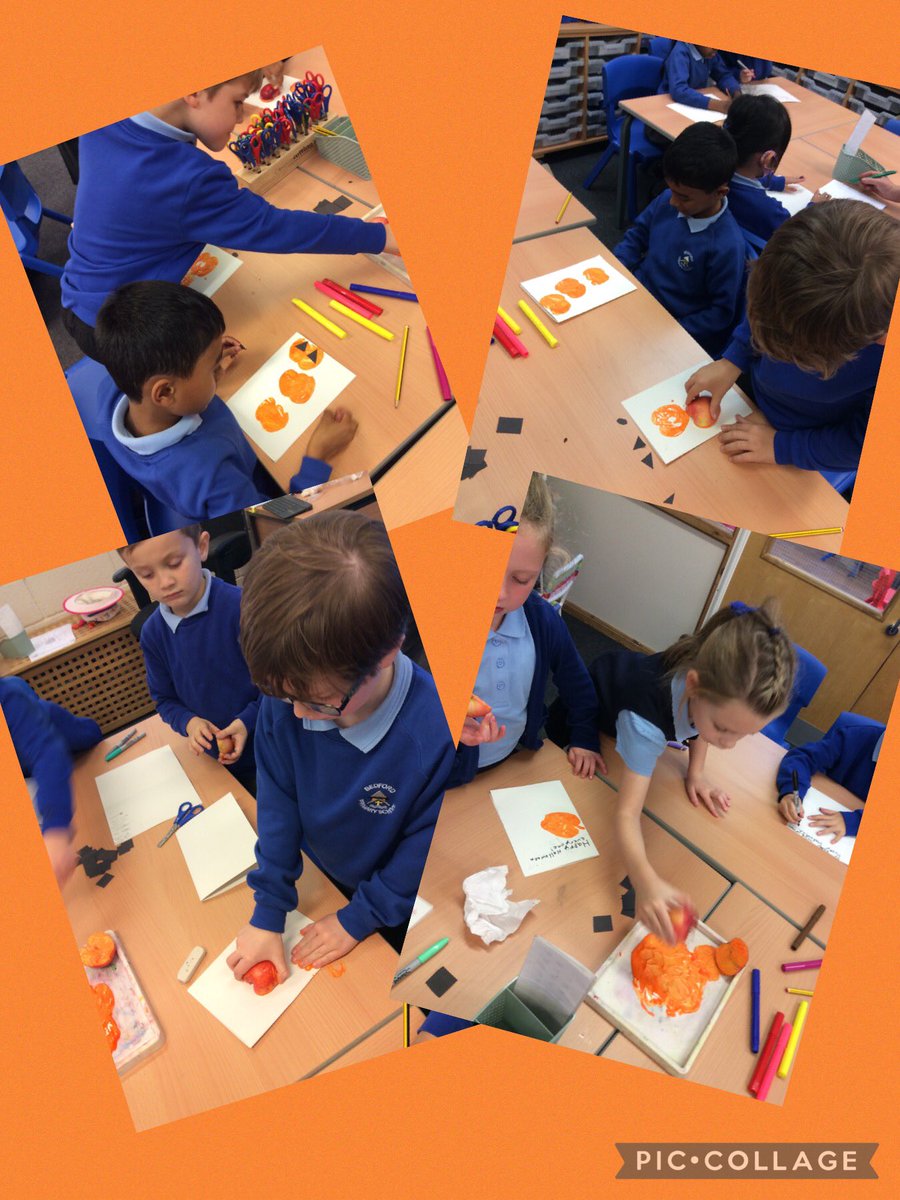 BedfordYear2's tweet photo. Lots of spooky crafts happening in the afternoons in 2A this week 🎃 🧡 #appleprinting #pumpkincards #happyhalloween #colourmixing @BedfordPrimary https://t.co/8i6JDY31G7