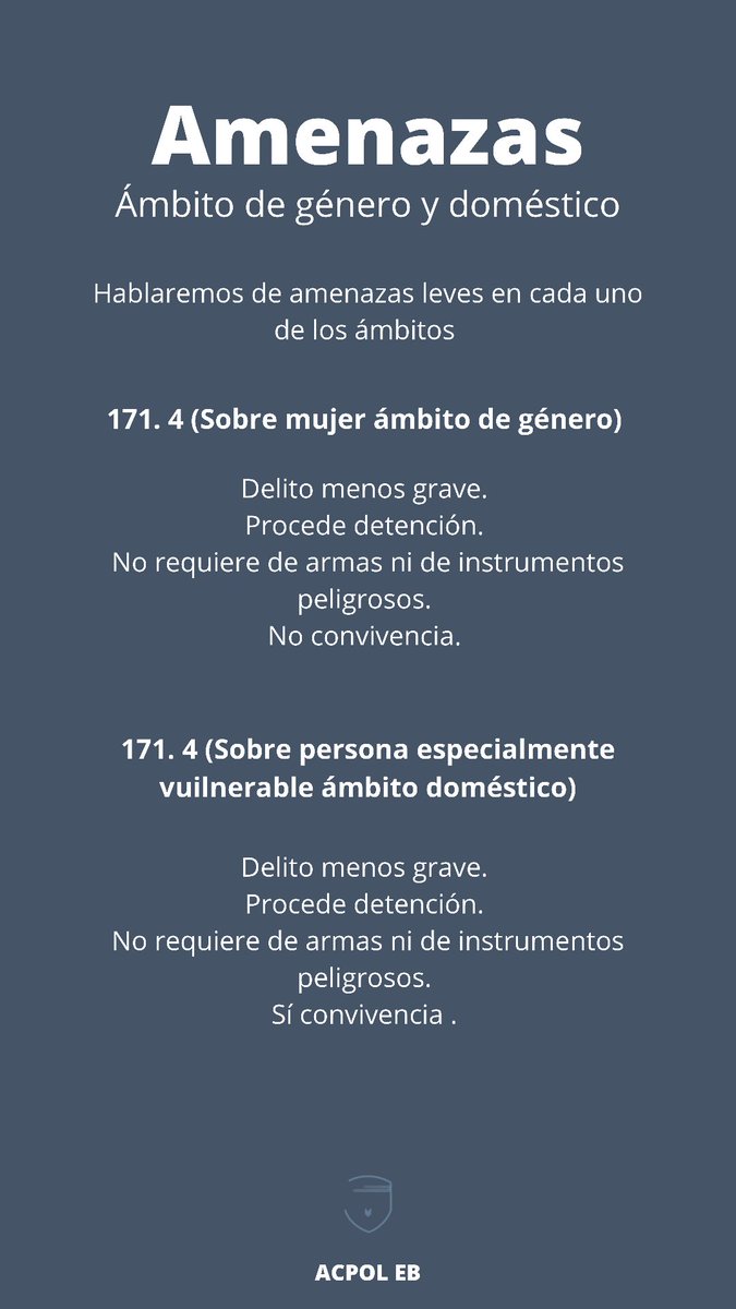 acpol_cnp's tweet photo. Tema 17 - Amenazas

Dejamos una pequeña infografía recopilando algunos datos básicos sobre el delito de amenazas en el ámbito de violencia de género y doméstica. Echadle un vistazo y anotad algunos de sus detalles si no los tenéis claros. 😉

#AcpolEB #XXXVIII #CNP https://t.co/eufcOTSjOa