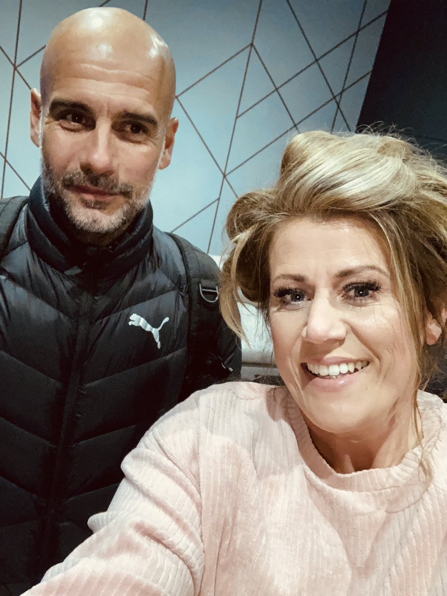 CrossfieldLaura's tweet photo. Did I mention I met my hero, the legend that is @PepTeam this weekend, some birthday surprise that! Would have preferred the lack of rollers but needs must 😬 @ManCity #birthdaymade #lifemade #hero #Pep #ManCity https://t.co/ry6Nw0Ba49