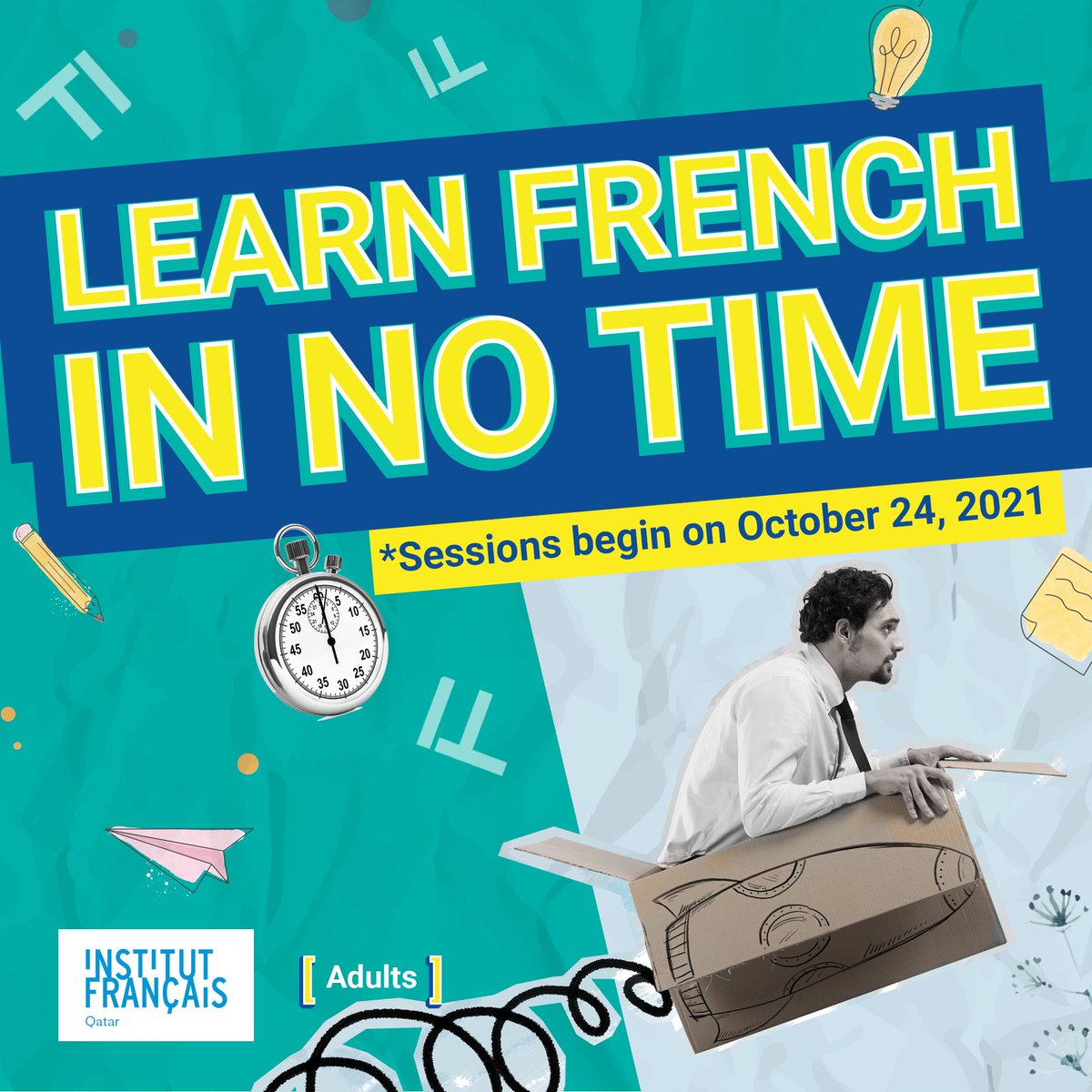 ifqdoha's tweet photo. Ready, steady, partez! Learn French in no time ✨ Registrations are still open!
Sessions begin on October 24, 2021
Fees: 32 hours / 2560 QR - 3 sessions per week (2 hours each)
Contact us: info@if-qatar.com - 44 93 08 63 #IFQ #qatar #doha #intensive #french #courses https://t.co/H2BO8Ey92f