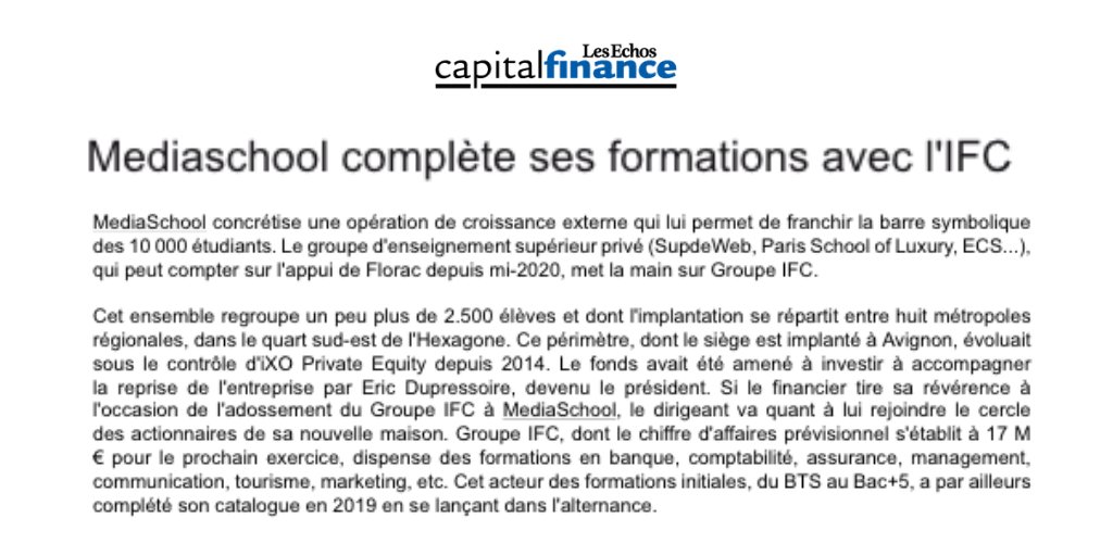 MediaSchool concrétise une opération de croissance externe avec l'arrivée de <a href="/IFCFormation/">IFC Formation</a> et passe la barre des 10.000 étudiants !
Découvrez l'article de <a href="/LesEchos/">Les Echos</a> Capital Finance ▶️ bit.ly/2Xo0iZc
cc <a href="/EchosFinance/">Les Echos Finance</a> <a href="/FranckPapazian/">PAPAZIAN</a>