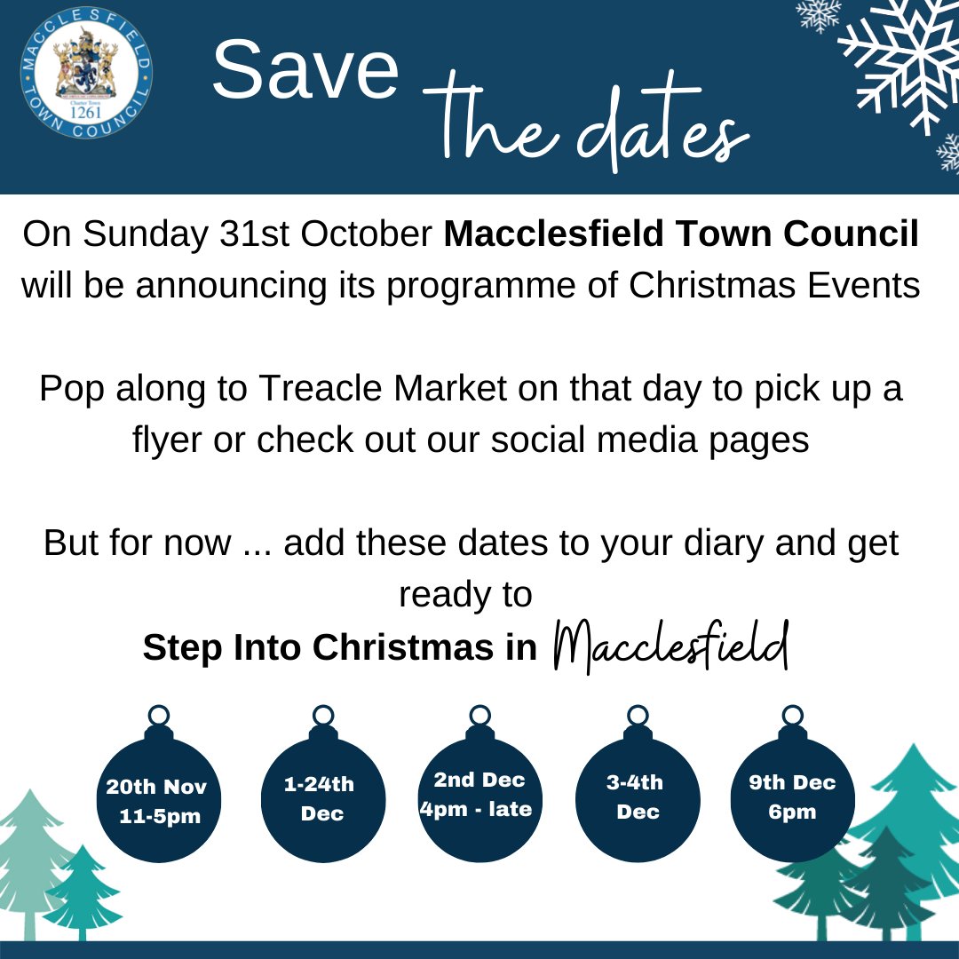 MacclesfieldTC's tweet photo. Save the Dates!
#MacclesfieldBetterTogether #StepIntoChristmas #ChristmasInMacc #SupportLocalMacc https://t.co/qDh8KygQxB