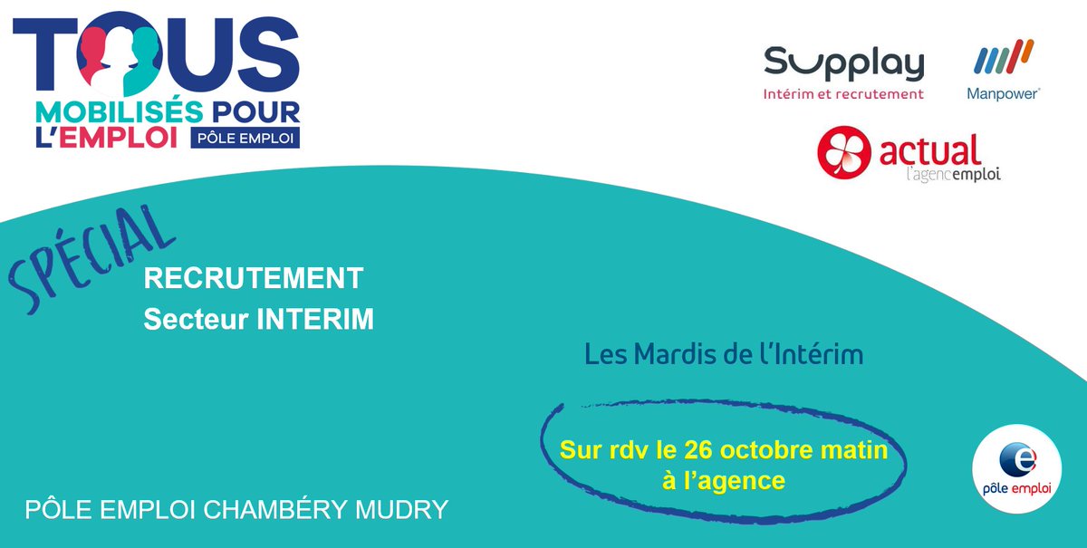 RenaudCharlesFT's tweet photo. [#TousMobilisés] pour le retour à l'#Emploi 
Pour le prochain mardi de l'#interim le 26 octobre, l'agence @poleemploi_ara #Chambéry Mudry accueille @ManpowerGroupFR, sa filiale #supplay et @GroupeACTUAL 
Retirez votre invitation auprès d'un conseiller🚀  
#AvecPôleEmploi #Savoie https://t.co/u0LwBUHbLC