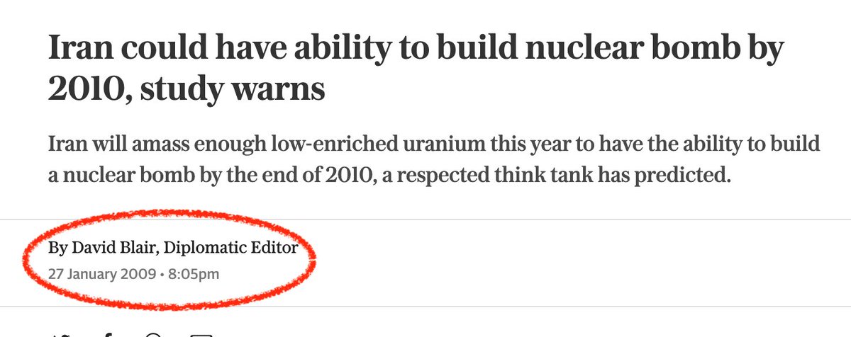 AlanRMacLeod's tweet photo. According to our media, Iran has been just weeks away from fielding a nuke for the last 20+ years. 🇮🇷 https://t.co/Q8LM3Lb3cD