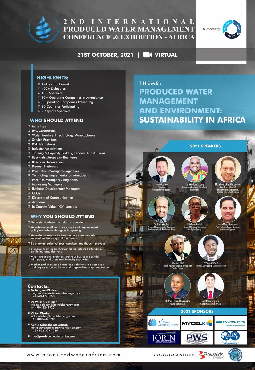 brevityanderson's tweet photo. IT'S 2 DAYS TO GO!! Have you registered?!
#IPWC
Come and hear from industry leaders in #ProducedWater Management. It's FREE to register. It's a VIRTUAL conference.
21st Oct 2021
Register: https://t.co/EWFDW9TVO4
#sustainability @SPEtweets @NigeriaSPE @PW_Society @seplatpetroleum https://t.co/gYj2zDvMg5