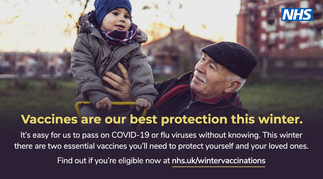 NHSuk's tweet image. It’s easy for us to pass on COVID-19 or flu viruses without knowing. This winter there are two essential vaccines you’ll need to protect yourself and your loved ones.

Find out if you’re eligible now at nhs.uk/WinterVaccinat…
