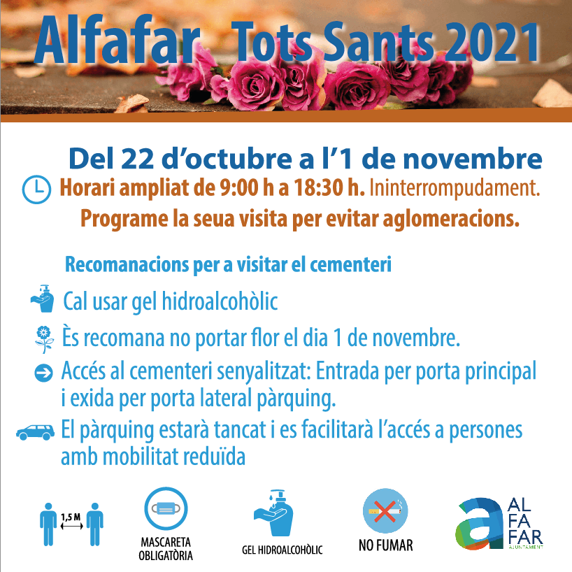 AytoAlfafar's tweet photo. 💐  Tots Sants 2021 💐
De cara a la celebració de Tots Sants des de l'Ajuntament vos fem arribar una sèrie de normes i recomanacions.
ℹ️ Tota la informació en les imatges

#AlfafarÉsInformació https://t.co/HGZ1PvArbf
