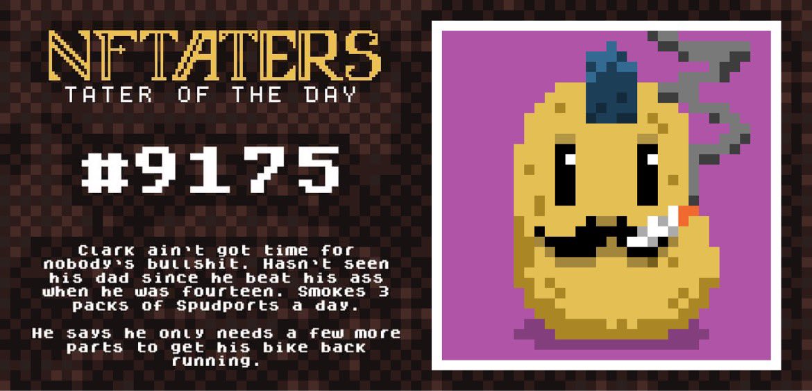 NfTaters's tweet photo. 🥔Tater of the day!🥔

Clark, the absolute bad ass. 🤘🏻🤘🏻

Come join us in discord: https://t.co/y3lQb2dxbU

#CNFTCommunity #CNFT #NFTaters https://t.co/Vq1T59iZRC