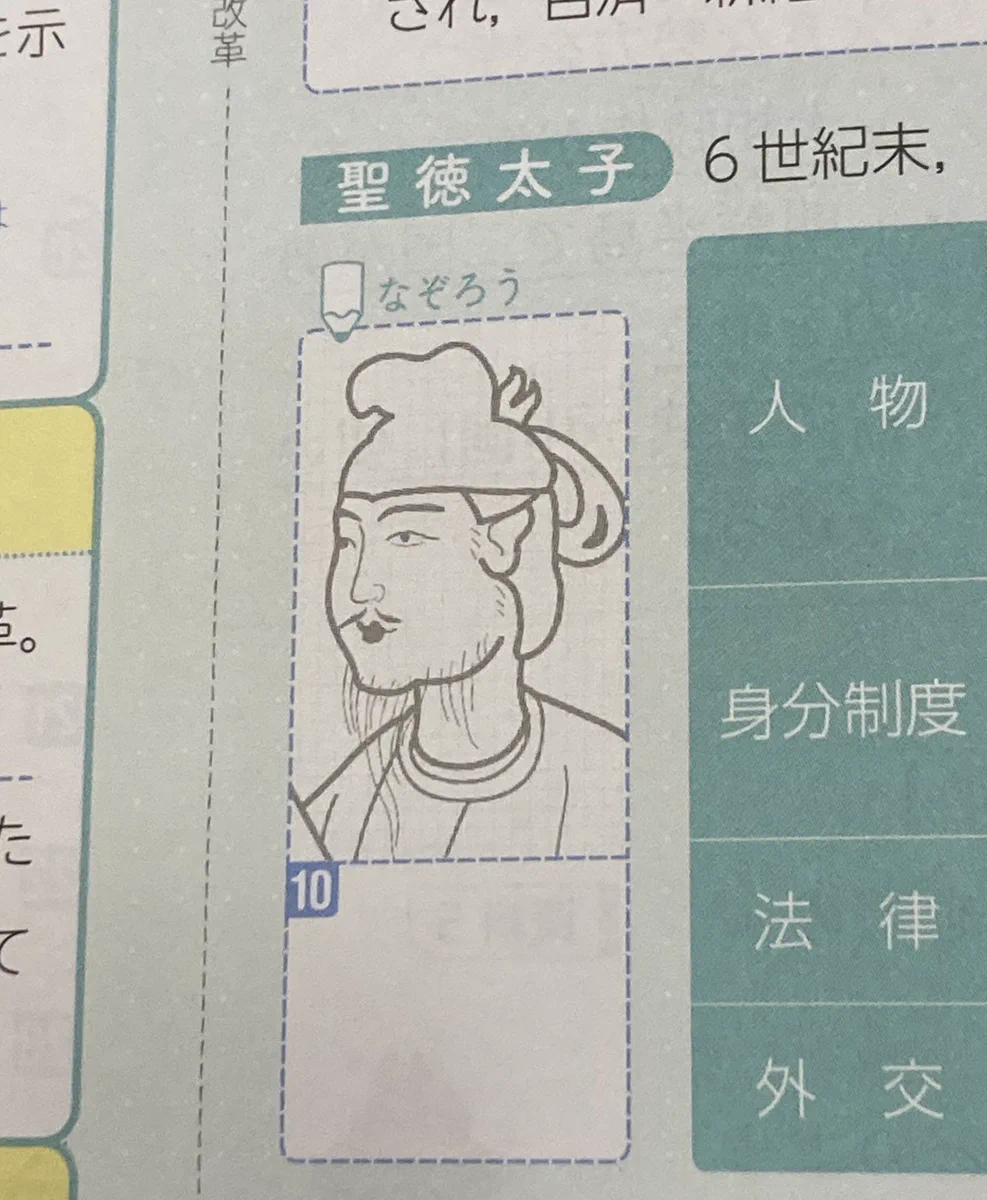 絶対この問題要らないと思いました。妹のワークなんだけど「聖徳太子の肖像画をなぞる問題」