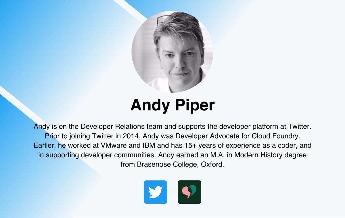 TDC_israel's tweet photo. ⭐ You can’t miss out on our special speaker: Andy Piper ⭐  

Andy, the Senior Staff Developer Advocate at Twitter will be discussing building APIs developers love and we can’t wait! 

Register to the event now >> https://t.co/VN4K8ElOqI https://t.co/e1MOKKc3zs