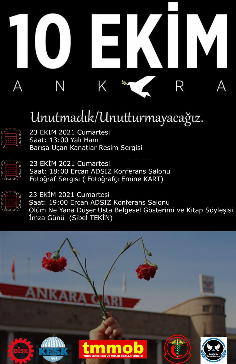 10EkimDER's tweet photo. Bu cumartesi 10 Ekim 6. Yıl Anma Programı kapsamında Çanakkale'deyiz.
Anma Programında yer alan etkinlikler:
Barışa Uçan Kanatlar Sergisi @hatcakap 
Barış Durağı @AslViyan 
Fotoğraf Sergisi @Kart_Emine 
Ölüm Ne Yana Düşer Usta Belgesel Gösterimi ve kitap Söyleşisi @dionysossib https://t.co/hsCAY3vPFX