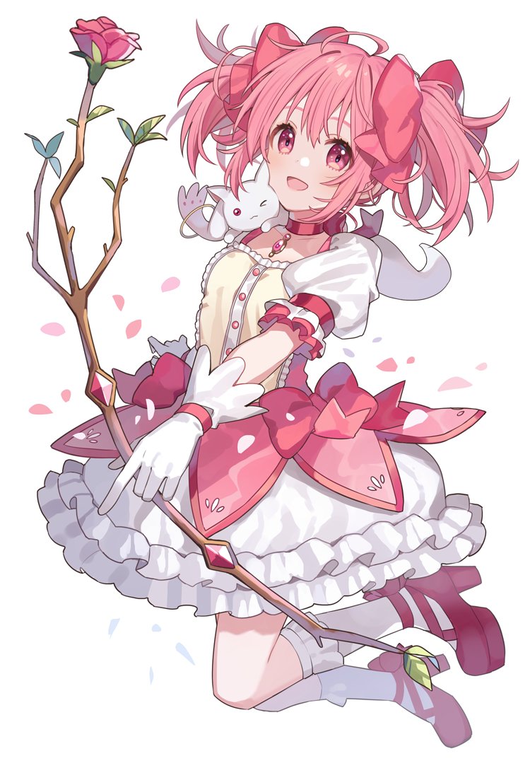 kaname madoka 1girl pink hair gloves twintails weapon white gloves bow (weapon)  illustration images