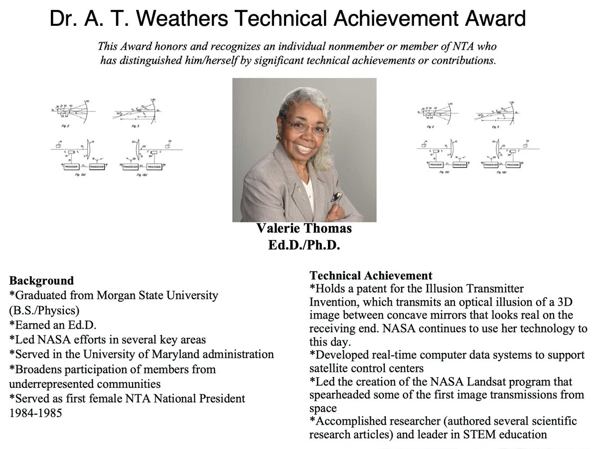 Congratulations to Dr. Valerie Thomas, winner of the Dr. A. T. Weathers Technical Achievement Award at #NTA93! Read more about her contributions to NASA and the field of image processing here: nasa.gov/image-feature/…