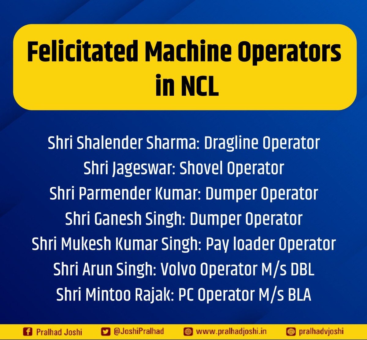 Felicitated machine operators at Nigahi opencast coal project in <a href="/NCL_SINGRAULI/">Northern Coalfields Limited</a>. Their role is integral for scaling up coal production and dispatch from the mine. Appreciated their hard work and motivated them to continue the good work in service to the nation.