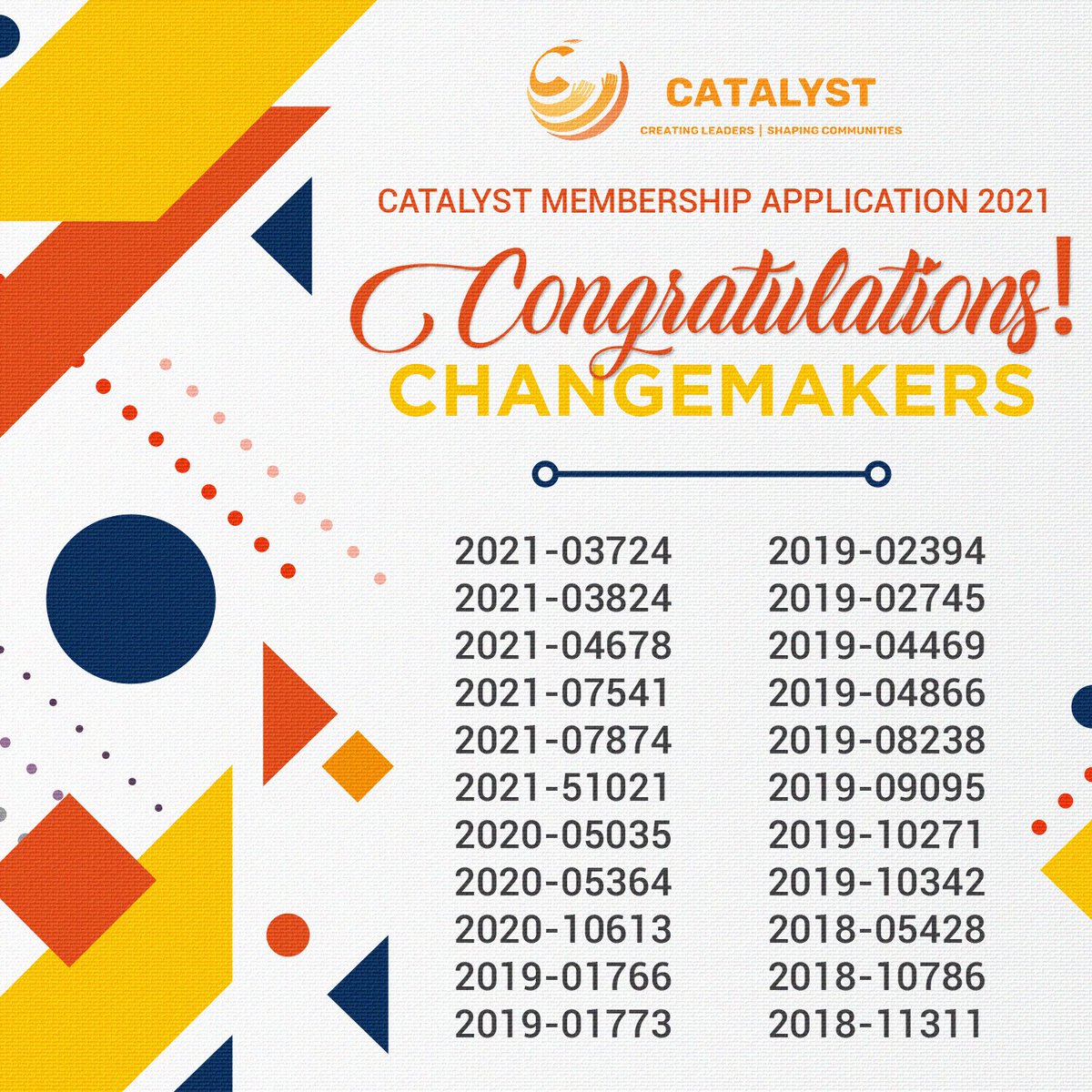 CatalystUPV's tweet photo. Catalyst UPV would like to congratulate the new set of Changemakers! π§‘
We acknowledge your qualifications and believe that you have the potential to do great in this organization. We are looking forward to working with you.
#CatalystUPV
#ChangemakersInAction https://t.co/OF4fNifi23