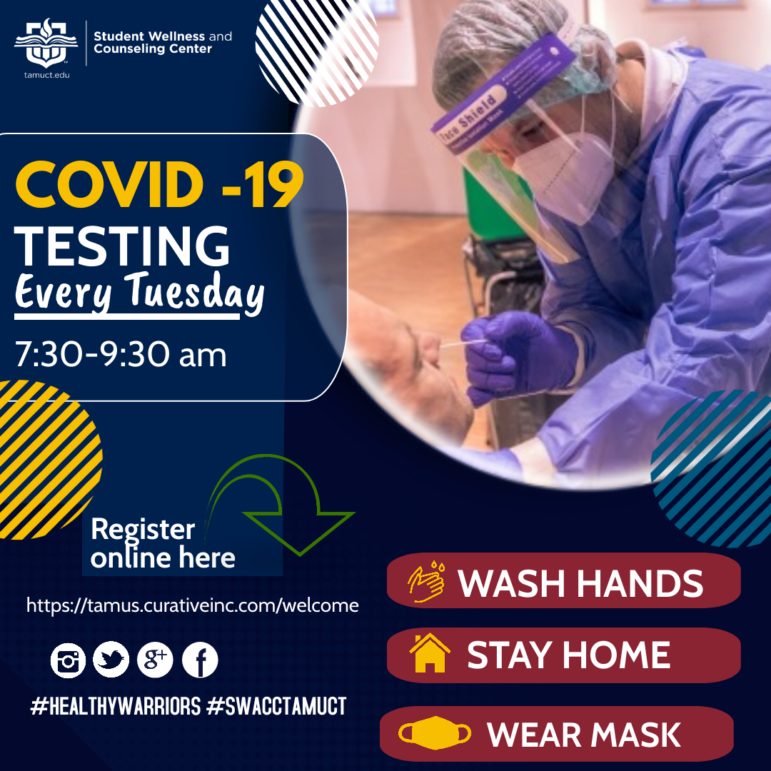 SWACC provides COVID-19 testing on campus, at no cost, for students, faculty, &amp; staff. Testing takes place every Tuesday from 7:30-9:30am. You must have an appointment to receive a test. Visit our website to learn more!

#swacc #swacctamuct #tamuct #healthywarriors  #killeentx
