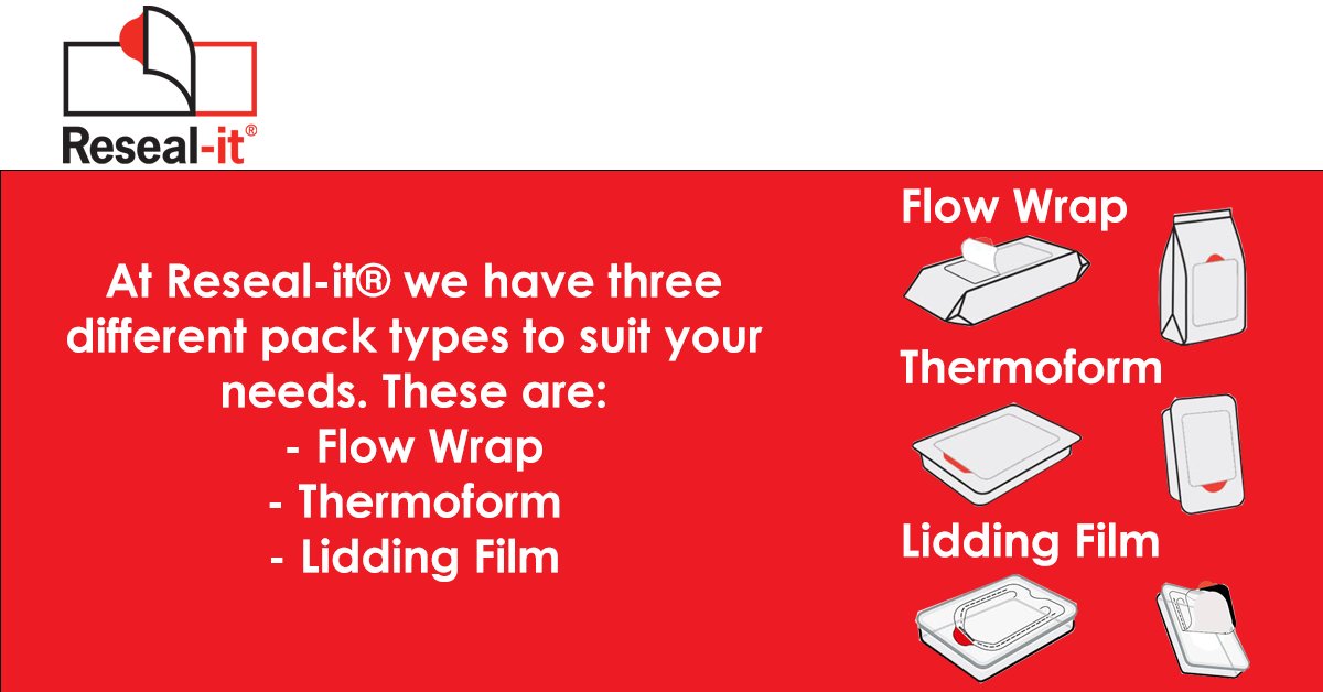 Resealit's tweet photo. At Reseal-it® we have three different pack types to suit your needs. These are:
👉 Flow Wrap
👉 Thermoform
👉 Lidding Film

Contact us for more information👉 https://t.co/yJM4njt8F7 https://t.co/fZe8Y4ZDjd