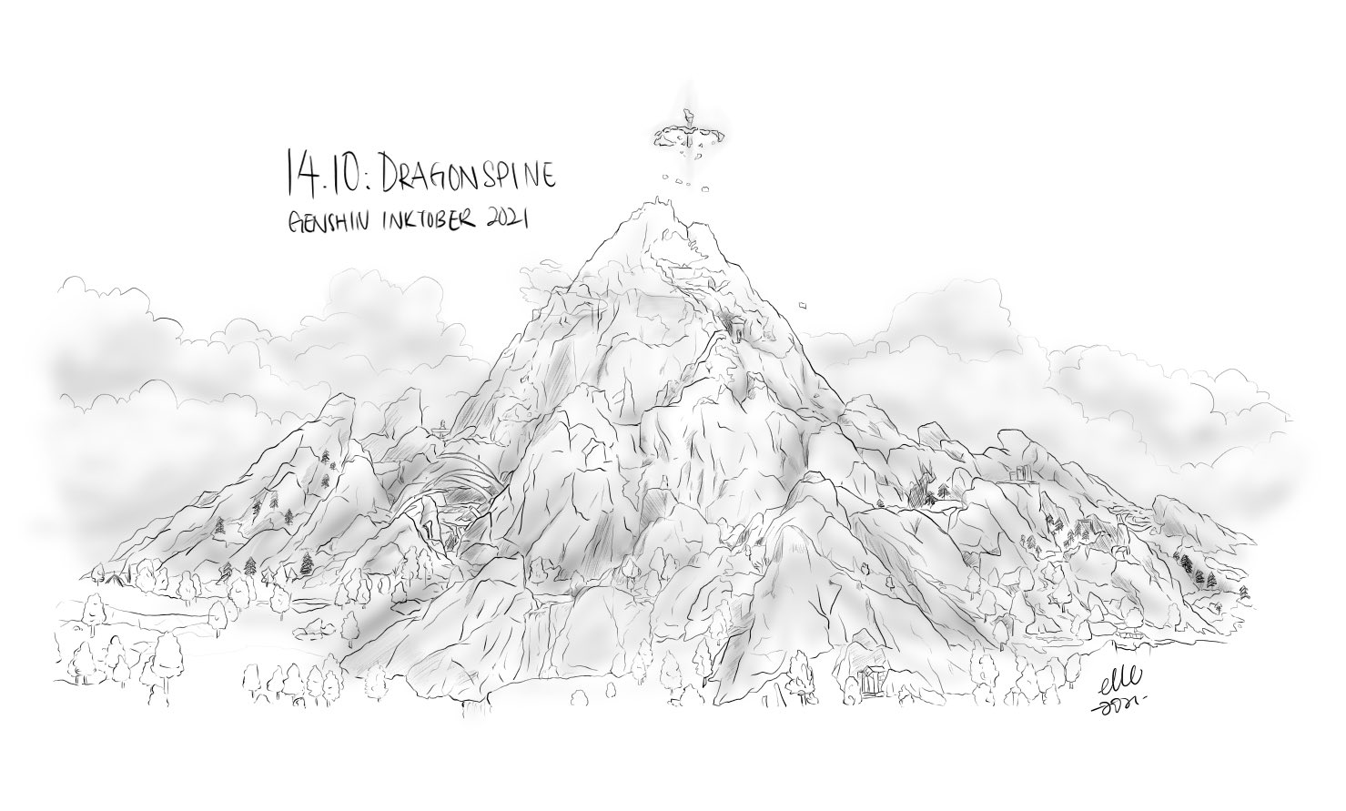Karishya A Twitter Genshin Inktober Part 3 Presenting My Non Existent Skill At Drawing Landscape Environments So I Took Up To Tracing In Game Shots Of These Locations Genshininktober21 Liyue Mondstadt
